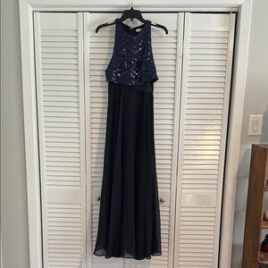 Navy Blue Sequin Halter Gown